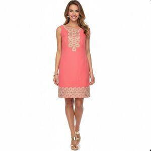 LILLY PULITZER Adelson Shift Dress Coral Pink Gold Soutache Embroidery Size 14